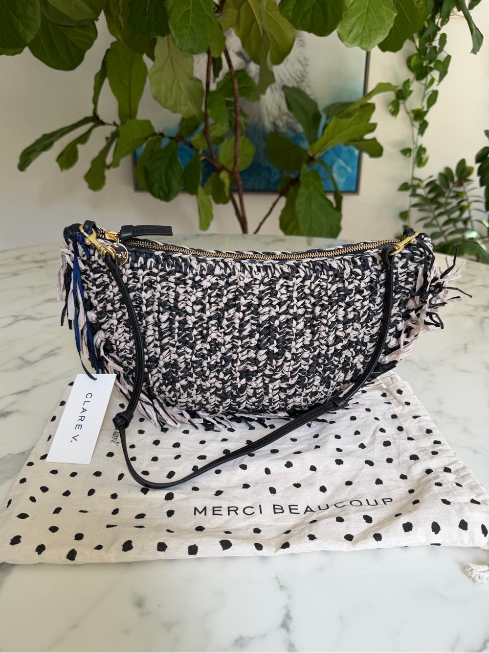 NWT Clare V. Lune Raffia Fringe Shoulder Bag Black Cream Woven